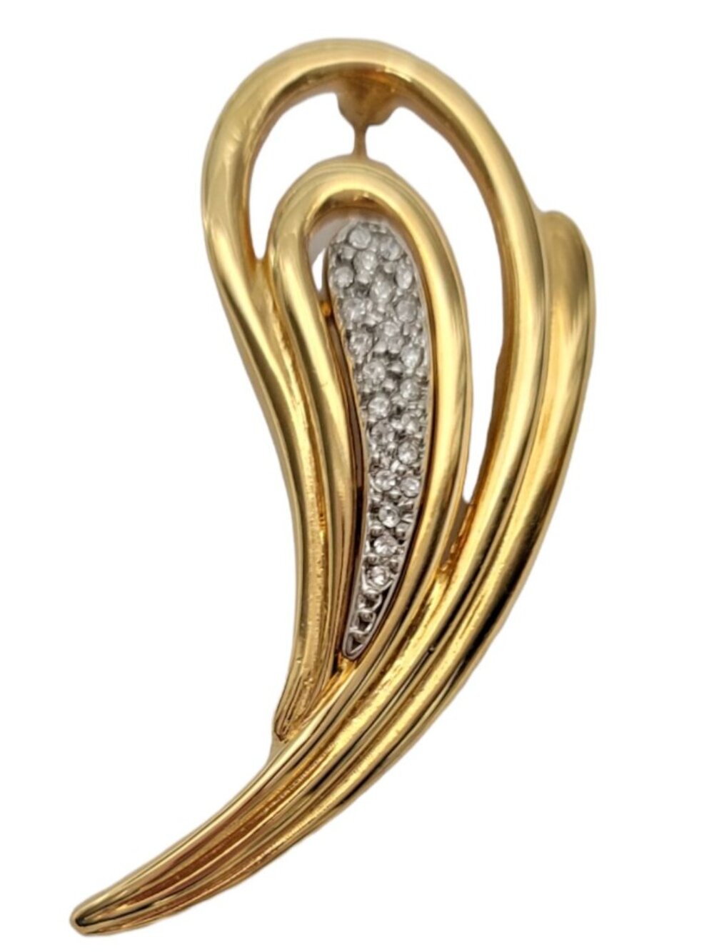Courreges Gold Tone Clear Rhinestone Paisley Shaped Brooch